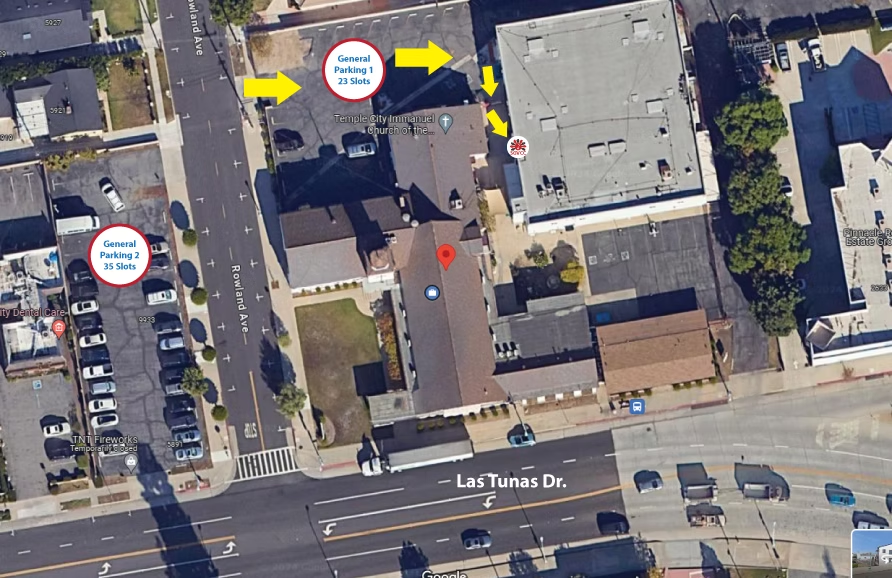 Aerial parking map showing the two general parking lots and the SGVCC entrance from Rowland Avenue